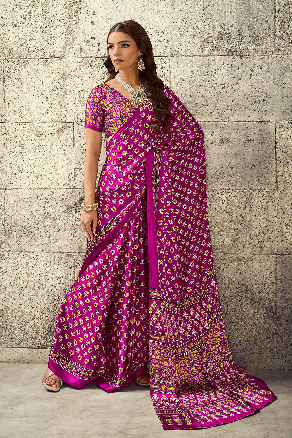 Karishma Magenta Modal Satin Ajrakh Print Ready to Wear Saree