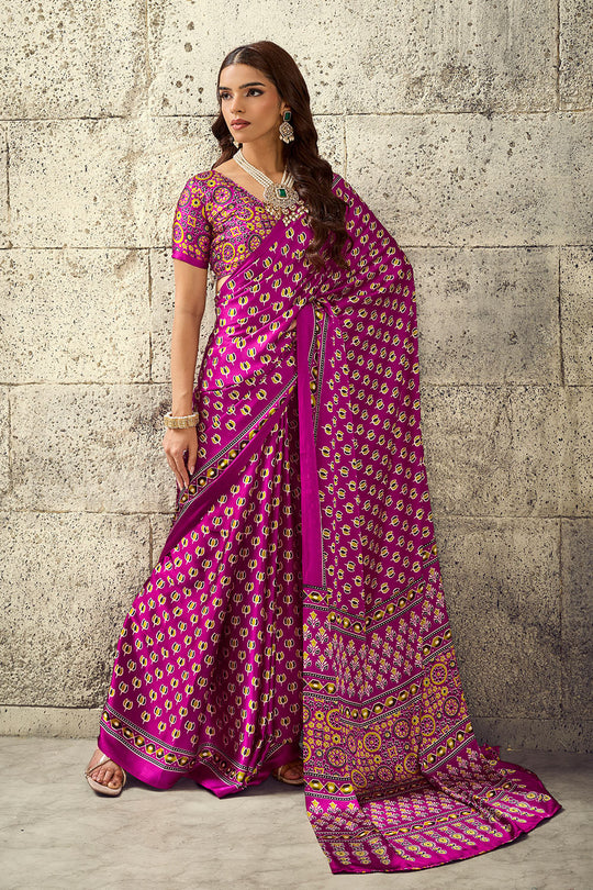 Karishma Magenta Modal Satin Ajrakh Print Ready to Wear Saree