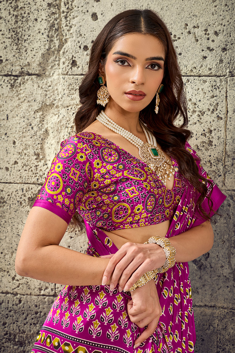 Karishma Magenta Modal Satin Ajrakh Print Ready to Wear Saree
