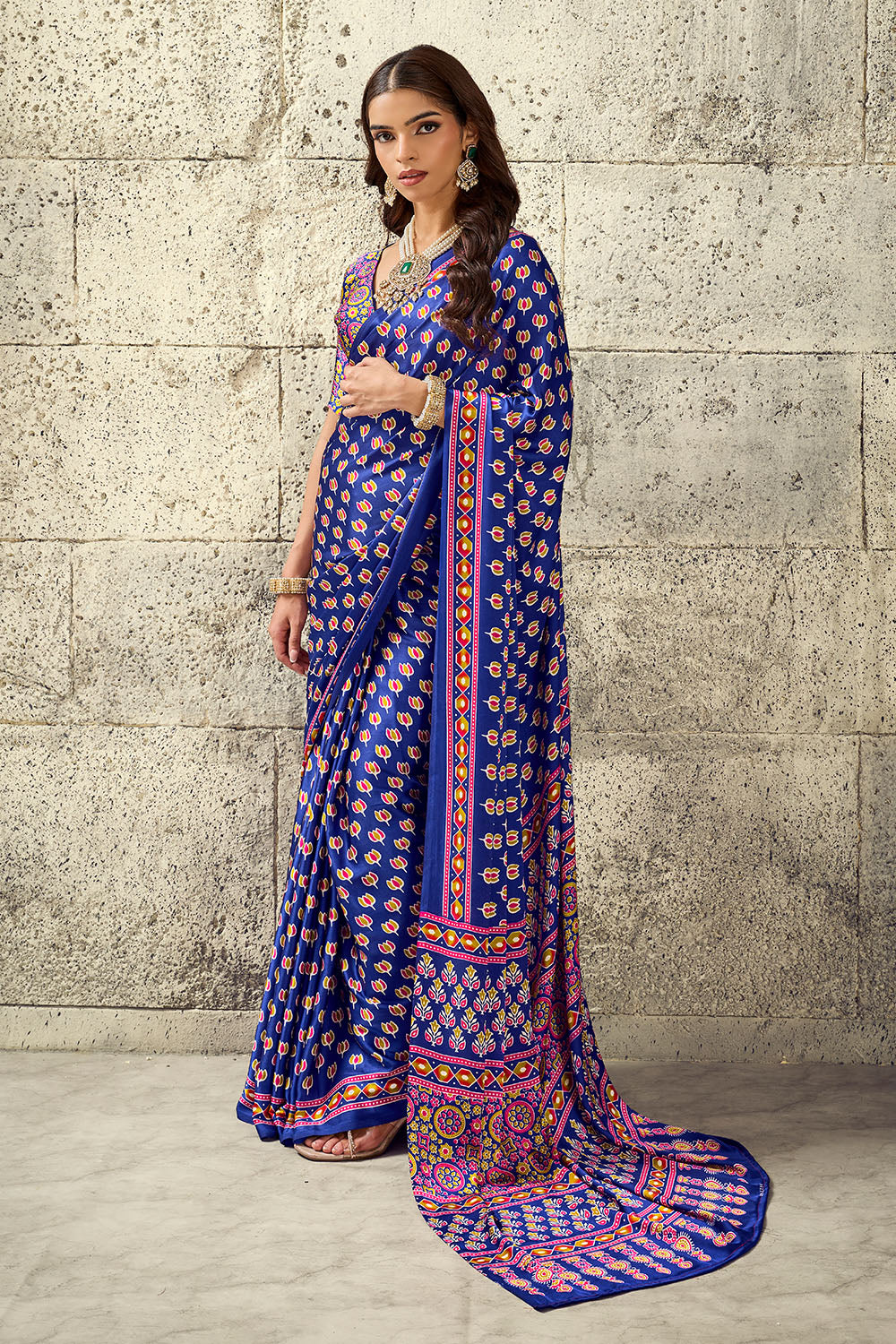 Karishma Royal Blue Modal Satin Ajrakh Print Ready to Wear Saree