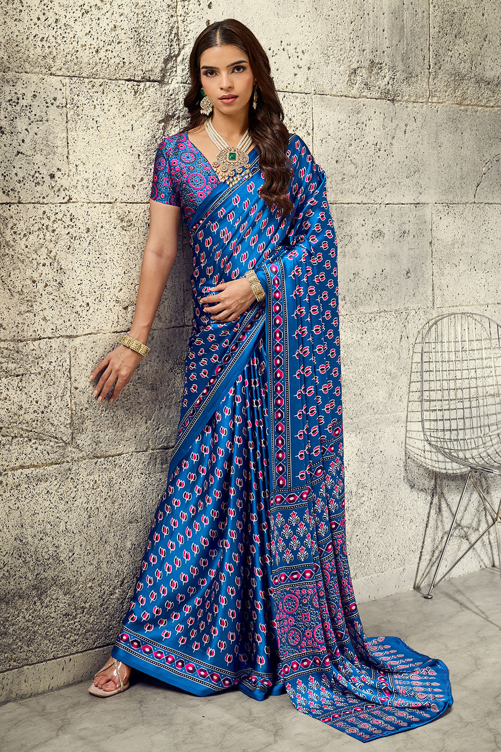 Karishma True Blue Modal Satin Ajrakh Print Ready to Wear Saree