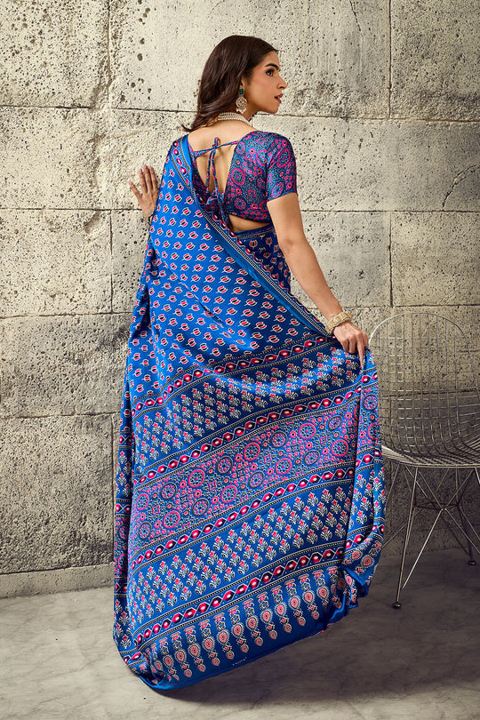 Karishma True Blue Modal Satin Ajrakh Print Ready to Wear Saree