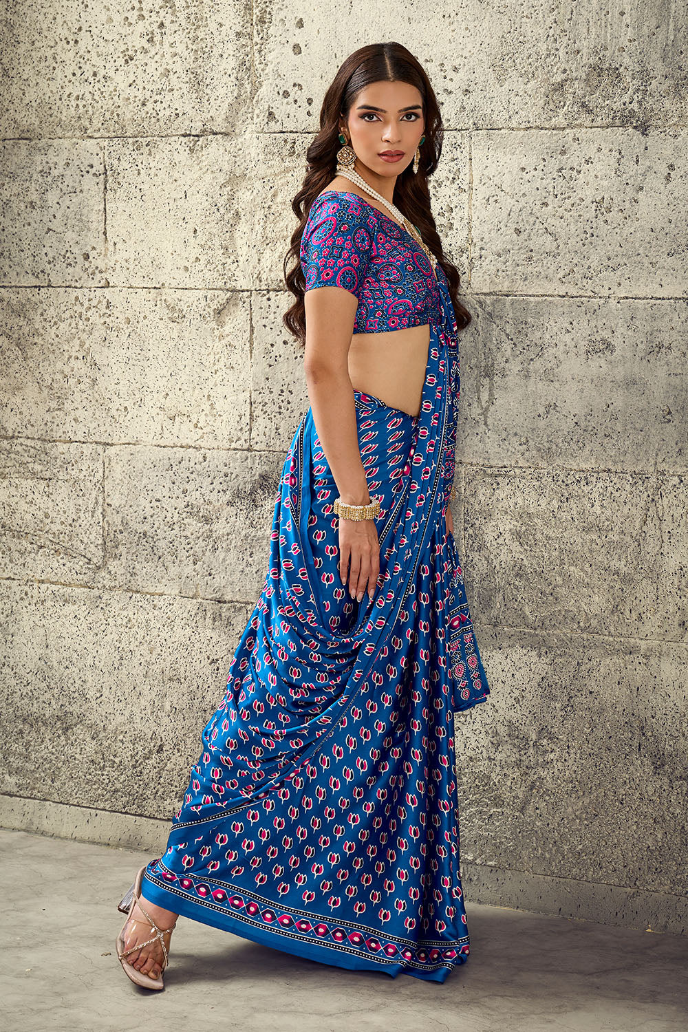 Karishma True Blue Modal Satin Ajrakh Print Ready to Wear Saree