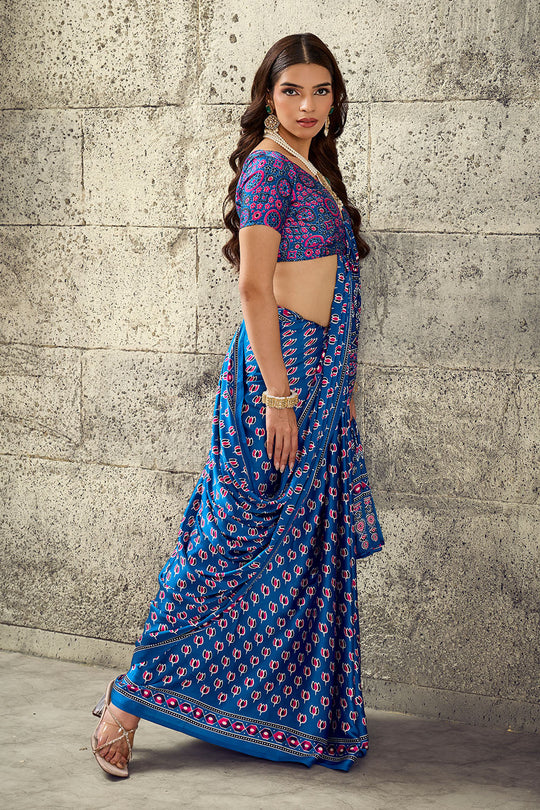 Karishma True Blue Modal Satin Ajrakh Print Ready to Wear Saree