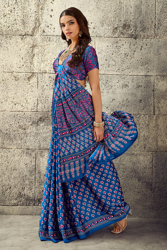 Karishma True Blue Modal Satin Ajrakh Print Ready to Wear Saree