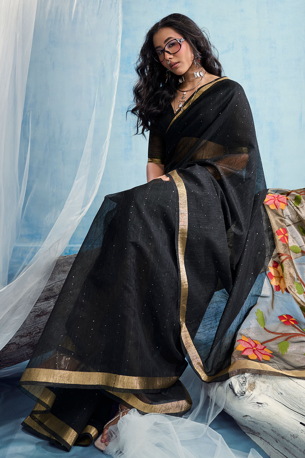Sandhya Black Munga Silk Handloom Weaving Zari Work  Ready to Wear Saree