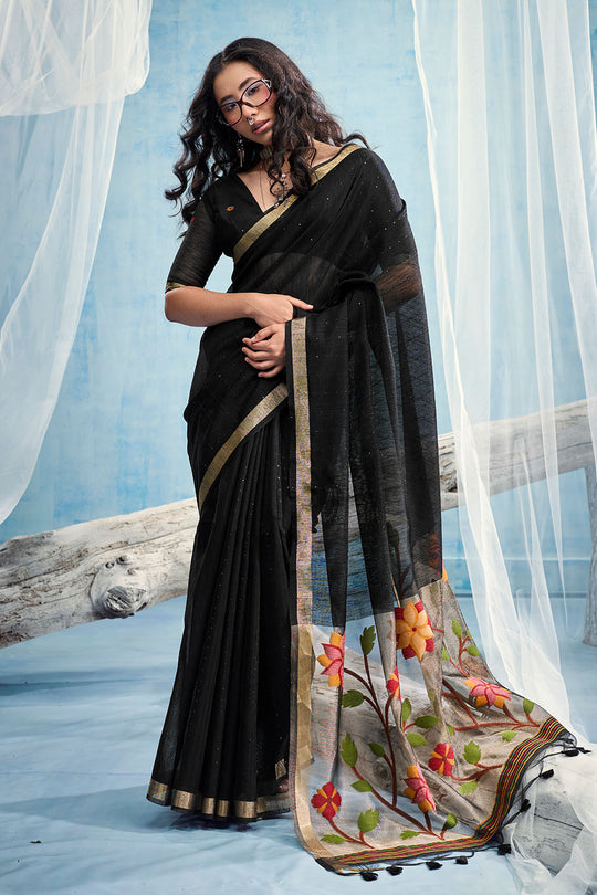 Sandhya Black Munga Silk Handloom Weaving Zari Work  Ready to Wear Saree