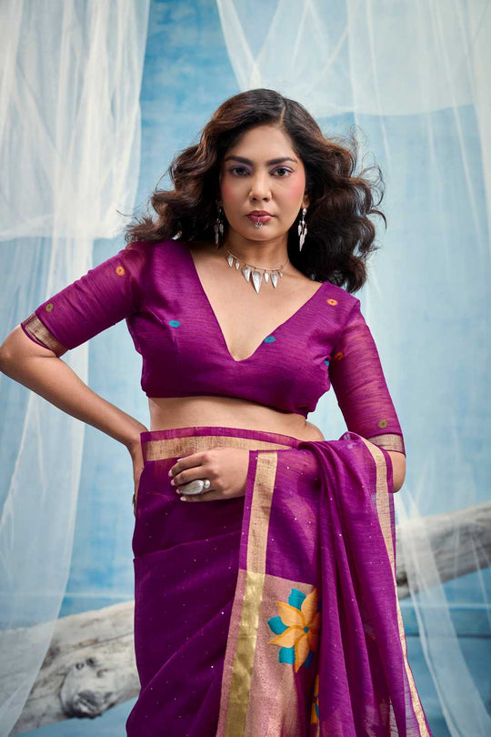 Sandhya  Purple Munga Silk Handloom Weaving Zari Work  Ready to Wear Saree