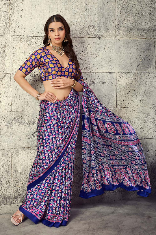 Penny Royal Blue Modal Satin Ajrakh Print Ready to Wear Saree