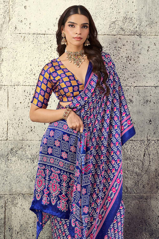 Penny Royal Blue Modal Satin Ajrakh Print Ready to Wear Saree
