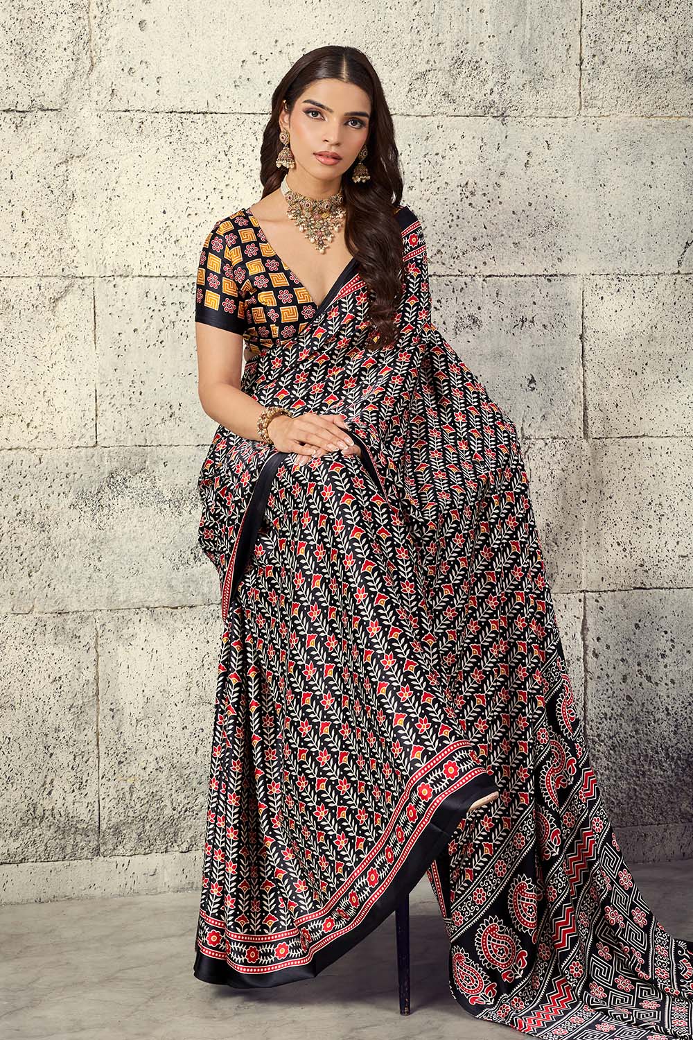 Penny Black Modal Satin Ajrakh Print Ready to Wear Saree