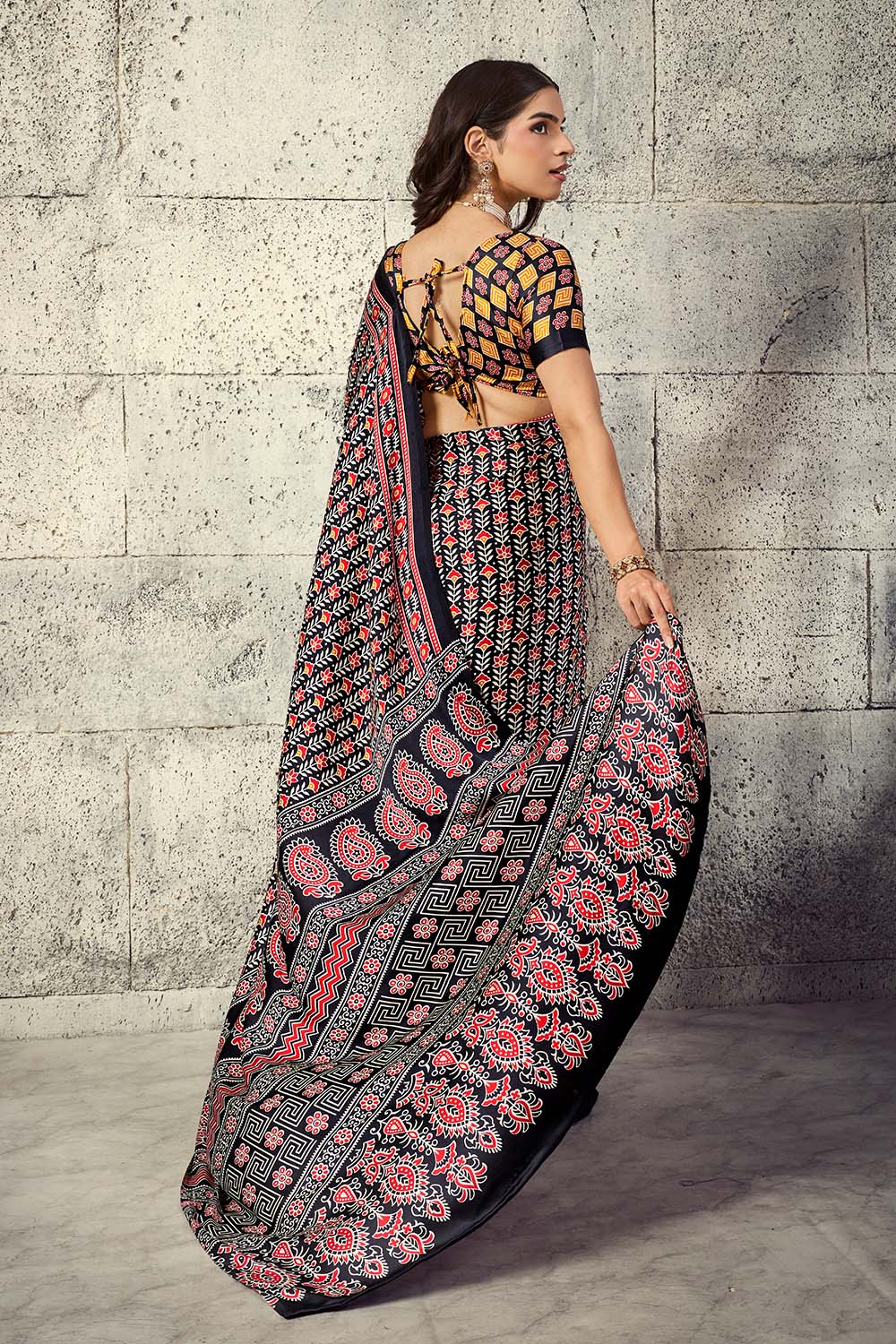 Penny Black Modal Satin Ajrakh Print Ready to Wear Saree