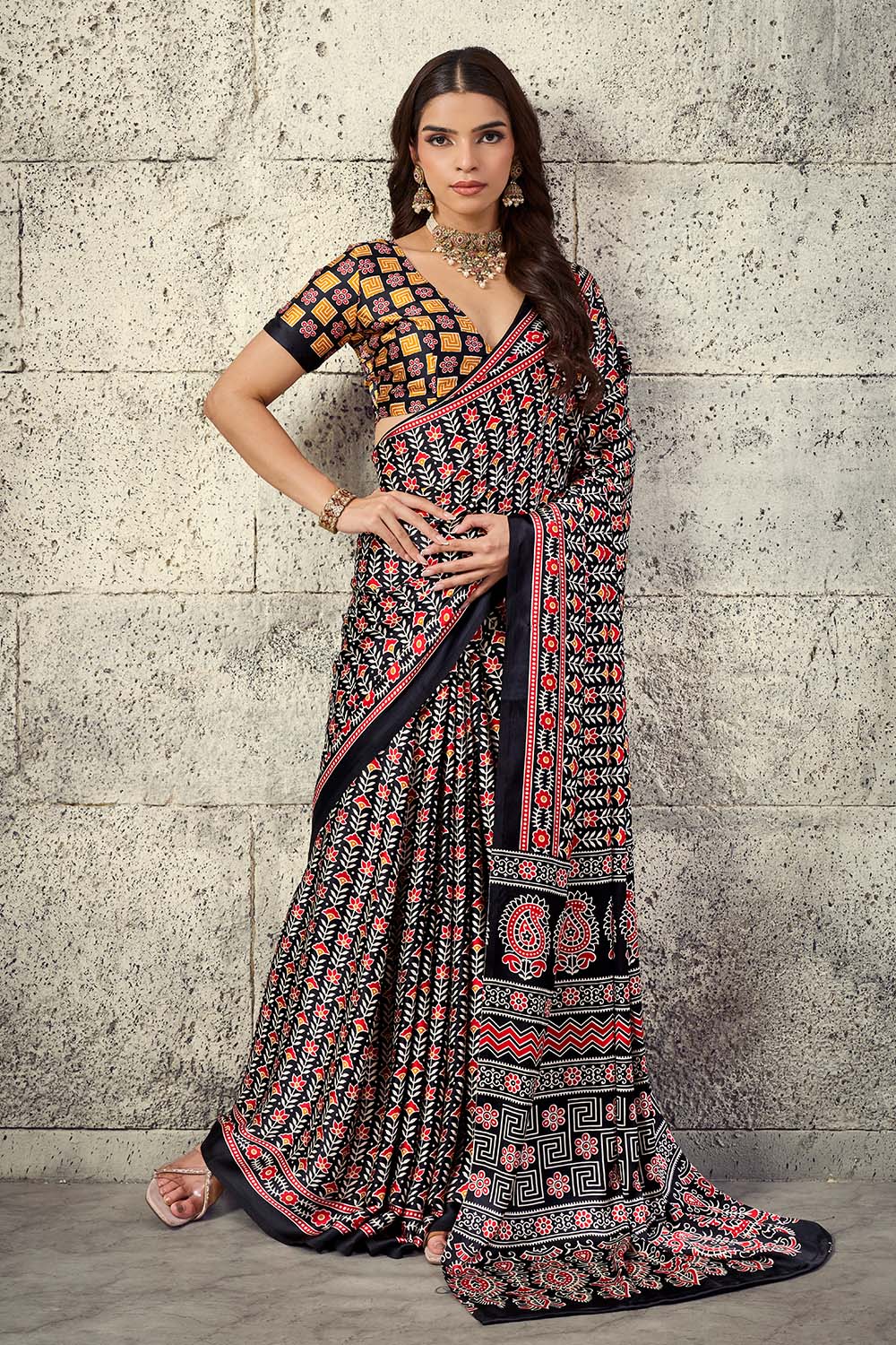 Penny Black Modal Satin Ajrakh Print Ready to Wear Saree