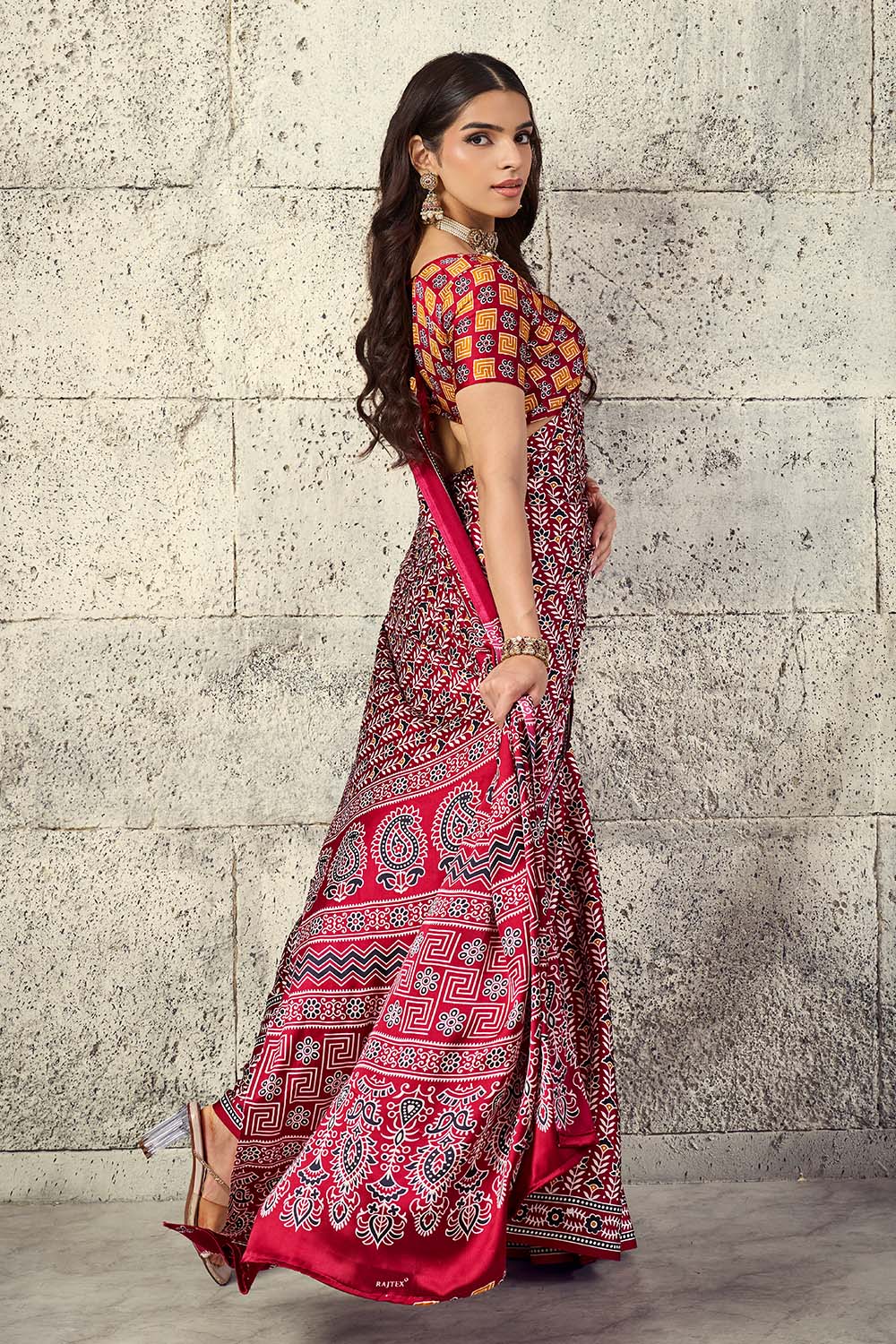 Penny Crimson Red Modal Satin Ajrakh Print Ready to Wear Saree