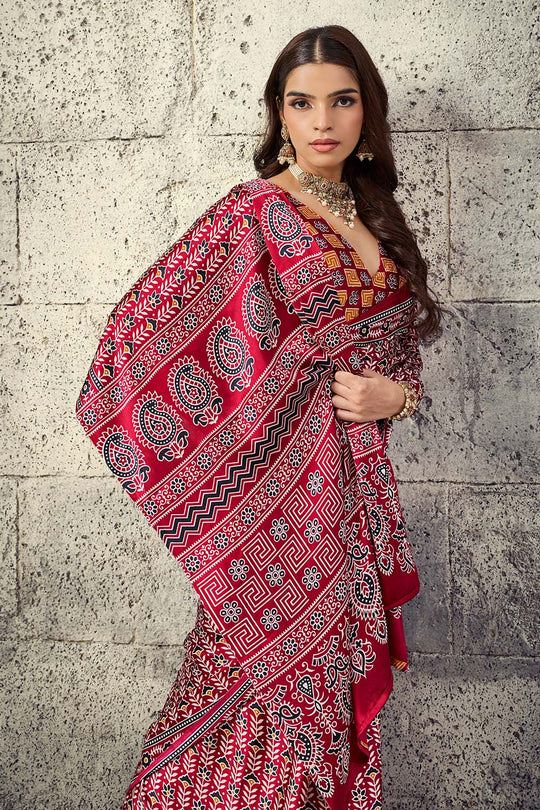 Penny Crimson Red Modal Satin Ajrakh Print Ready to Wear Saree