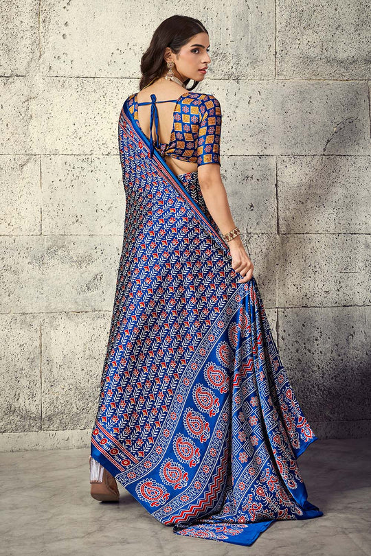 Penny Sapphire Blue Modal Satin Ajrakh Print Ready to Wear Saree