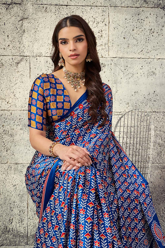 Penny Sapphire Blue Modal Satin Ajrakh Print Ready to Wear Saree