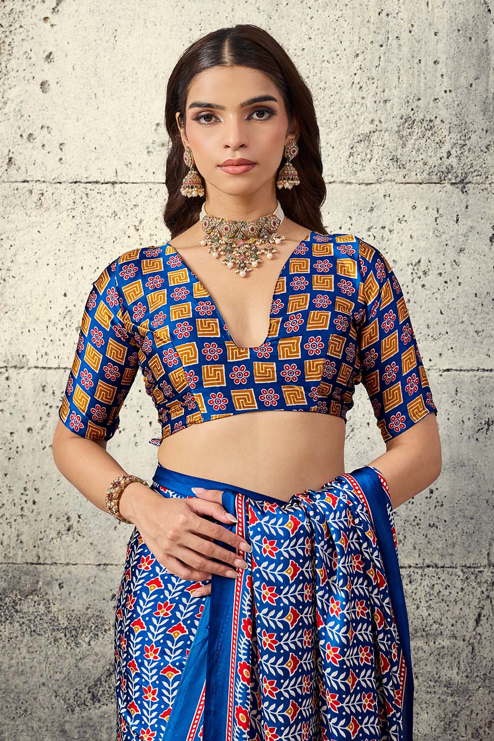 Penny Sapphire Blue Modal Satin Ajrakh Print Ready to Wear Saree