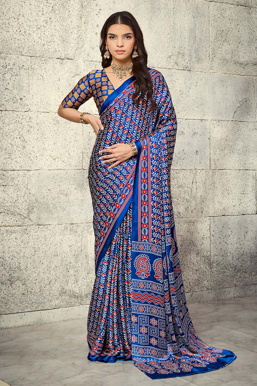 Penny Sapphire Blue Modal Satin Ajrakh Print Ready to Wear Saree