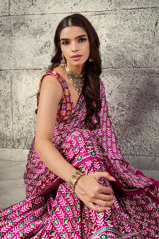 Penny Hot Pink Modal Satin Ajrakh Print Ready to Wear Saree