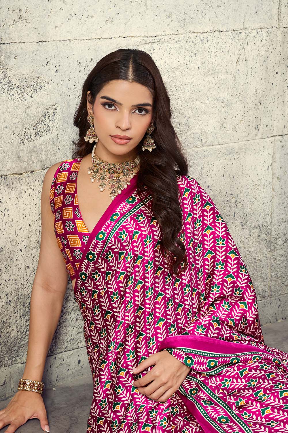 Penny Hot Pink Modal Satin Ajrakh Print Ready to Wear Saree