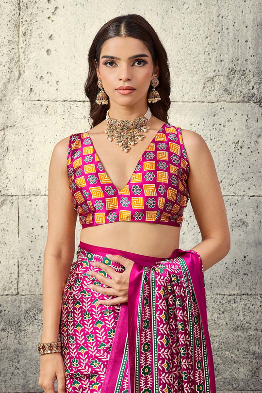 Penny Hot Pink Modal Satin Ajrakh Print Ready to Wear Saree