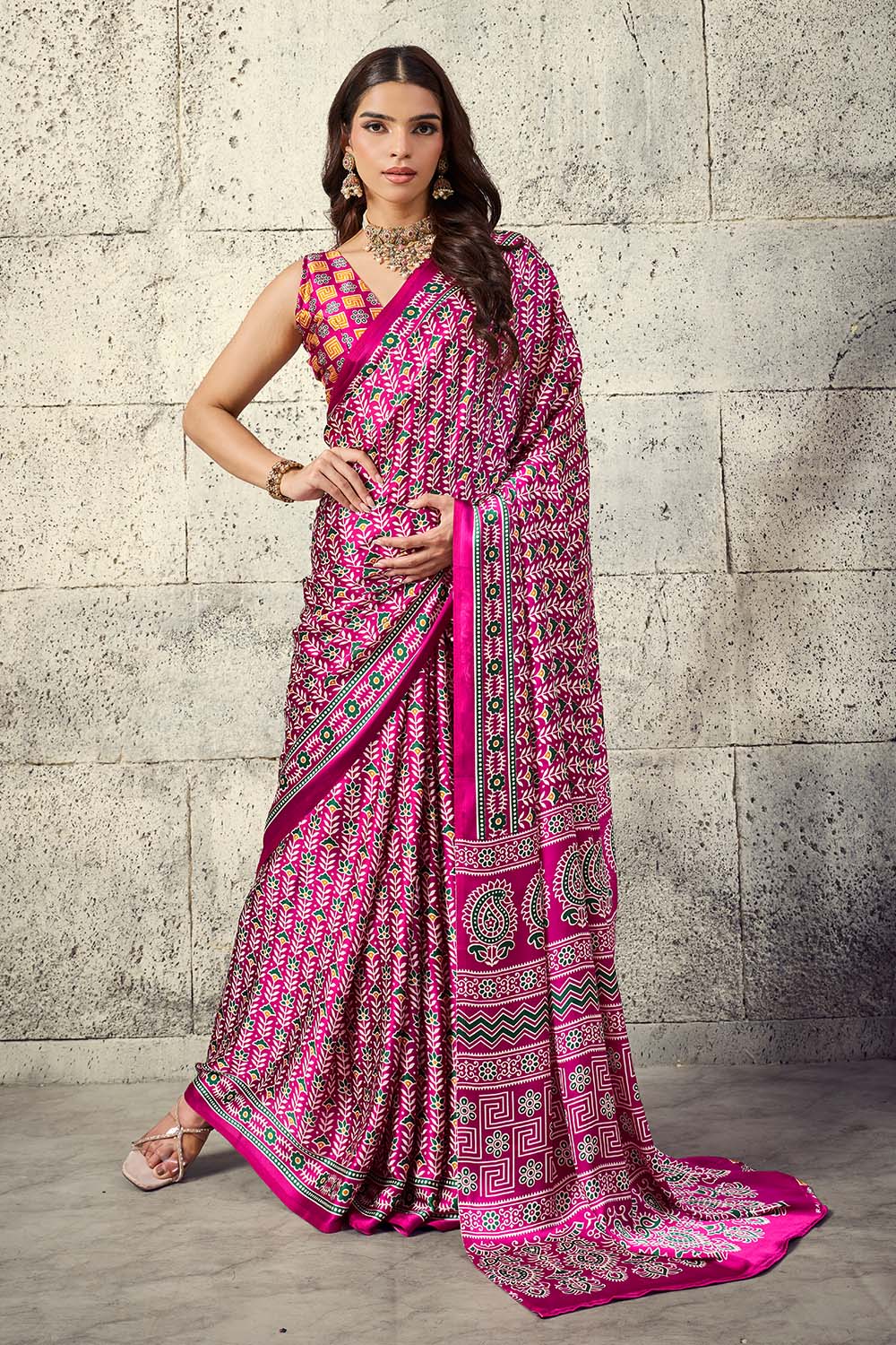 Penny Hot Pink Modal Satin Ajrakh Print Ready to Wear Saree