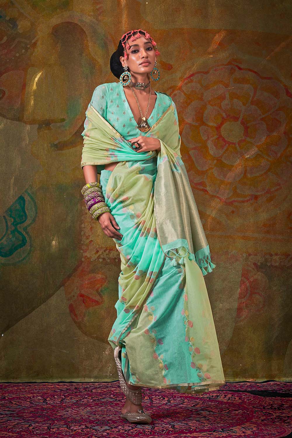 Naomi Teal Green Pure Tassels Spun Rangkaat Weaving One Minute Saree