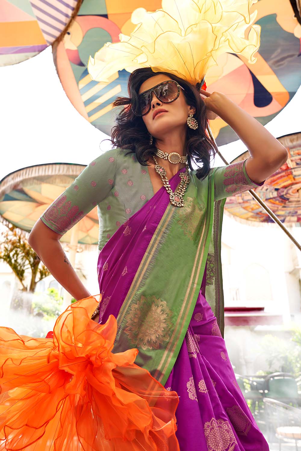 Uppal Purple Two Tone Contrast Handloom Weaving Silk One Minute Saree