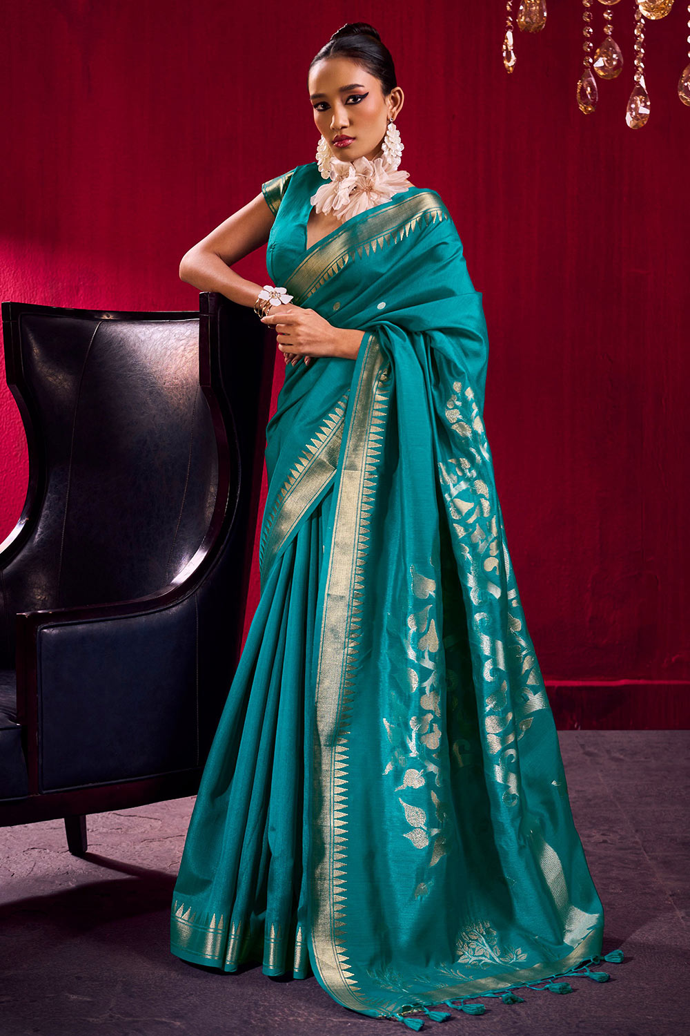 Nargis Teal Green Satin Linen Handloom Weaving Silk Ready to Wear One Minute Saree