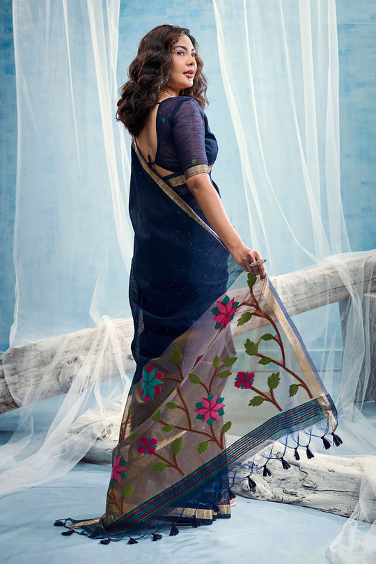 Sandhya Navy Blue Munga Silk Handloom Weaving Zari Work  Ready to Wear Saree