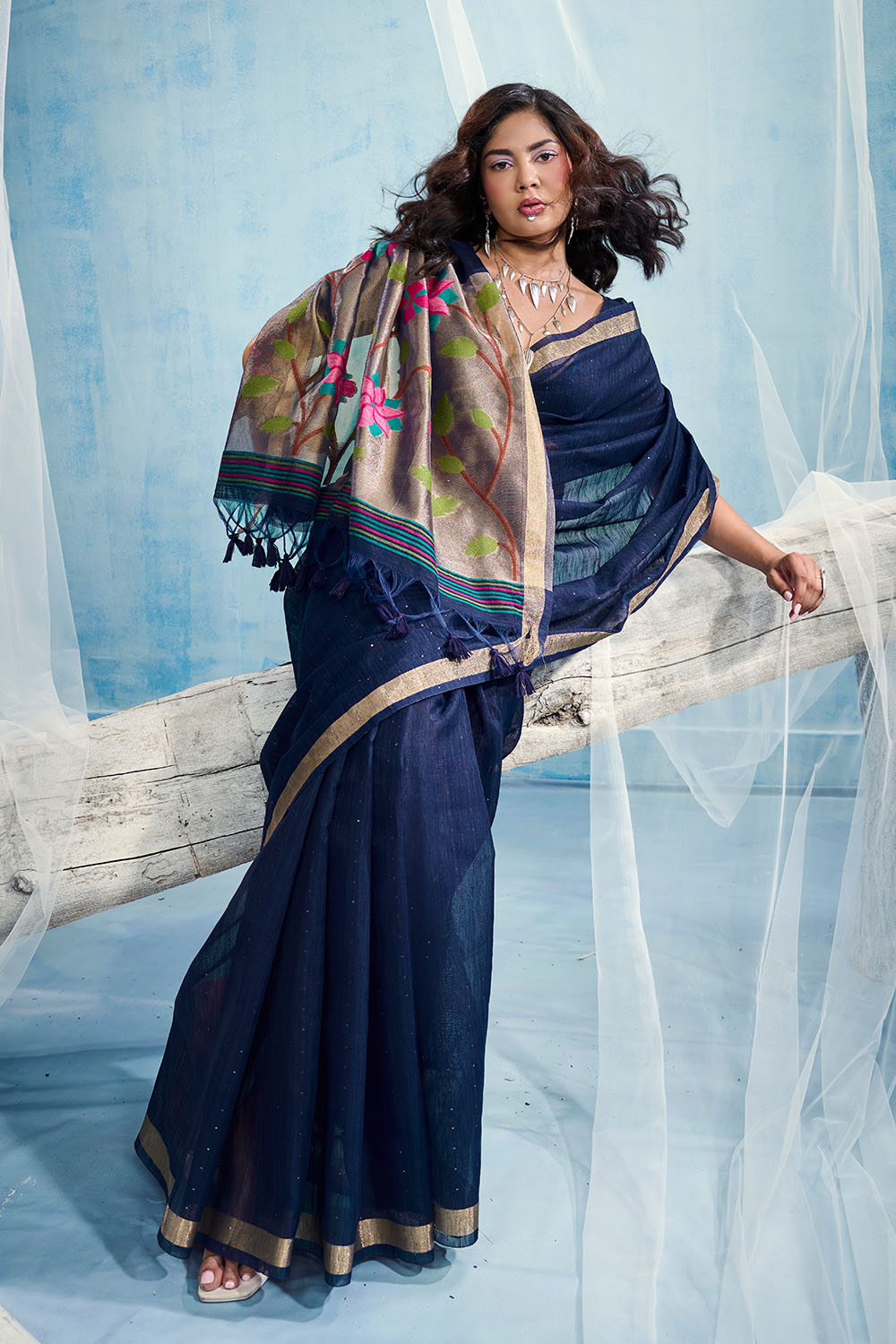 Sandhya Navy Blue Munga Silk Handloom Weaving Zari Work  Ready to Wear Saree