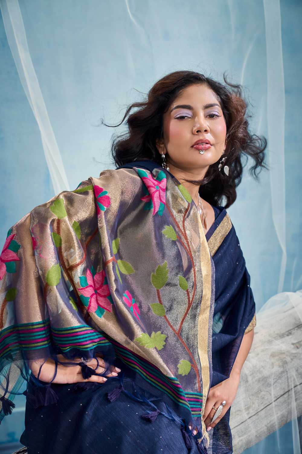 Sandhya Navy Blue Munga Silk Handloom Weaving Zari Work  Ready to Wear Saree