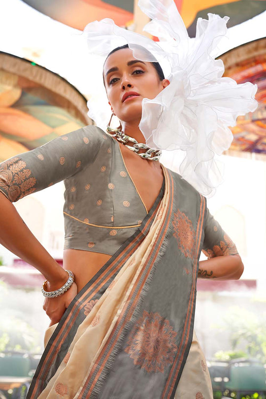 Uppal Cream Two Tone Contrast Handloom Weaving Silk One Minute Saree