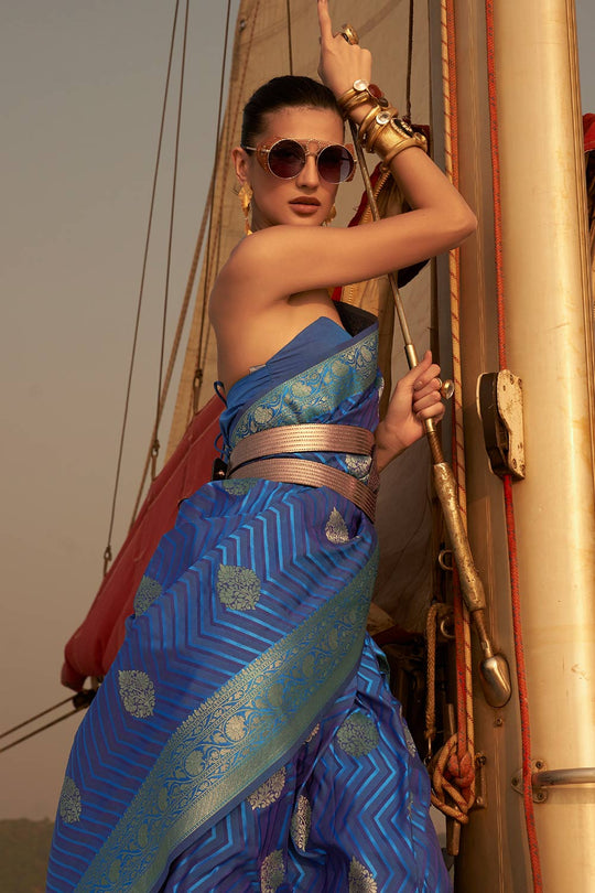 Deira Navy Blue Satin Nylon Two Tone Weaving One Minute Saree