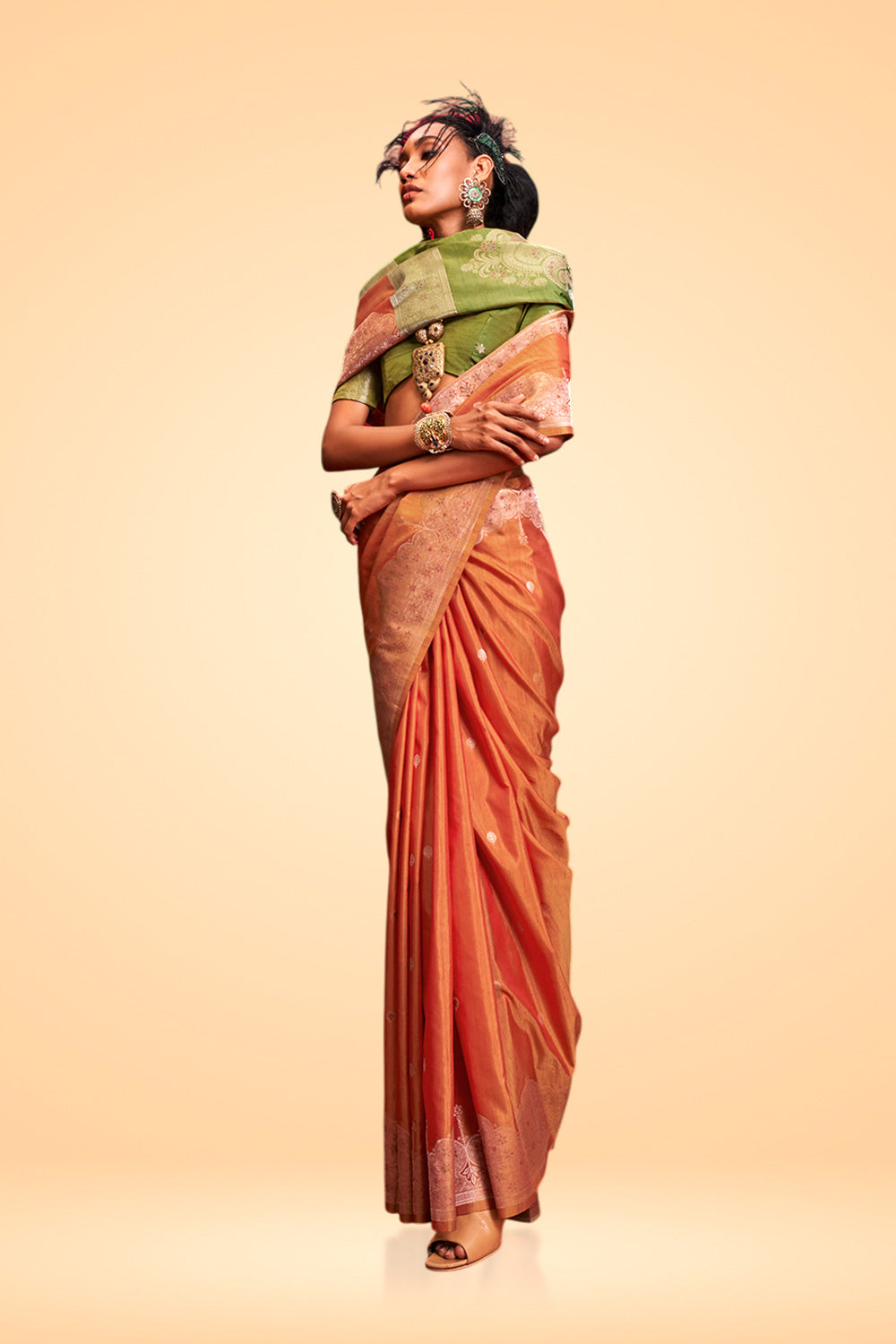 Anaya Orange Tussar Silk Handloom Ikkat Pallu One Minute Saree