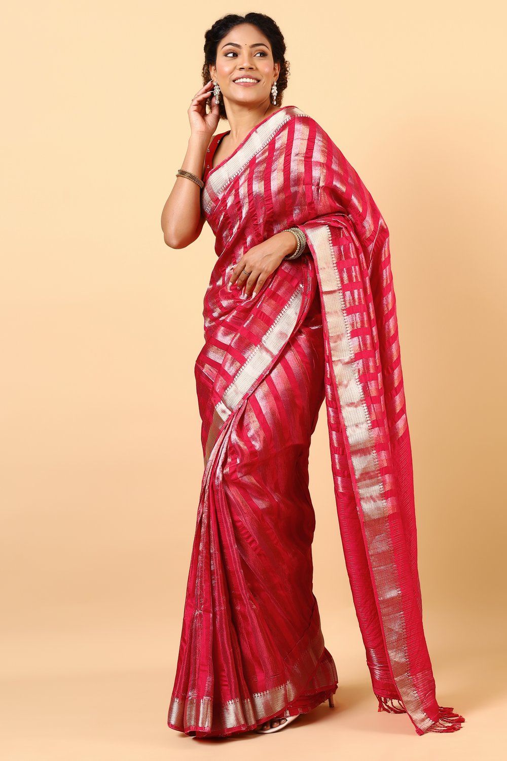 Jada Red Viscose  Woven Ready to Wear One Minute Saree
