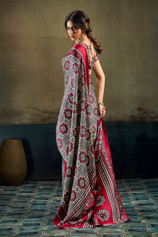 Bea Red &amp; Black Modal Satin Ajrakh Print Ready to Wear Saree