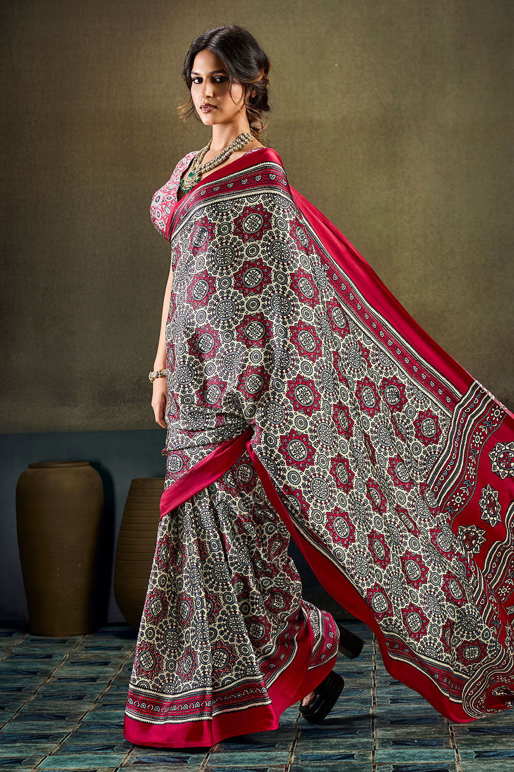 Bea Red &amp; Black Modal Satin Ajrakh Print Ready to Wear Saree