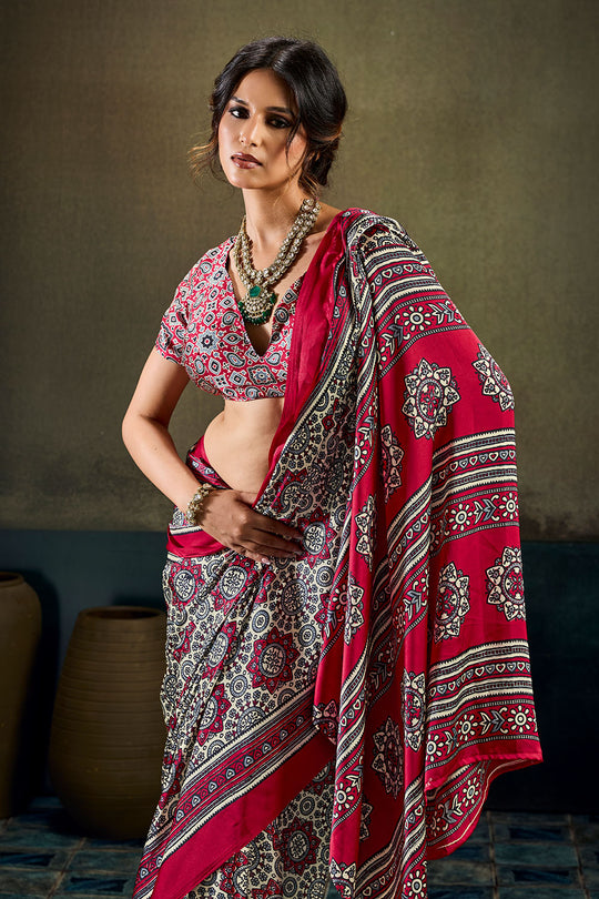 Bea Red &amp; Black Modal Satin Ajrakh Print Ready to Wear Saree