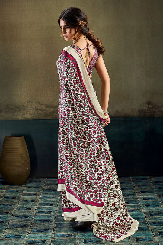 Bea Cream and Maroon Modal Satin Ajrakh Print Ready to Wear Saree