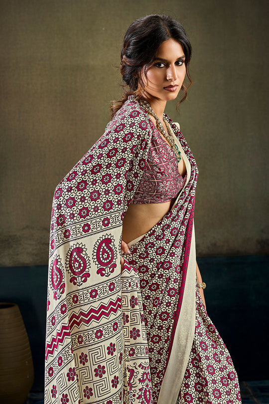 Bea Cream and Maroon Modal Satin Ajrakh Print Ready to Wear Saree