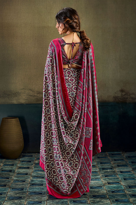 Bea Magenta &amp; Black Modal Satin Ajrakh Print Ready to Wear Saree