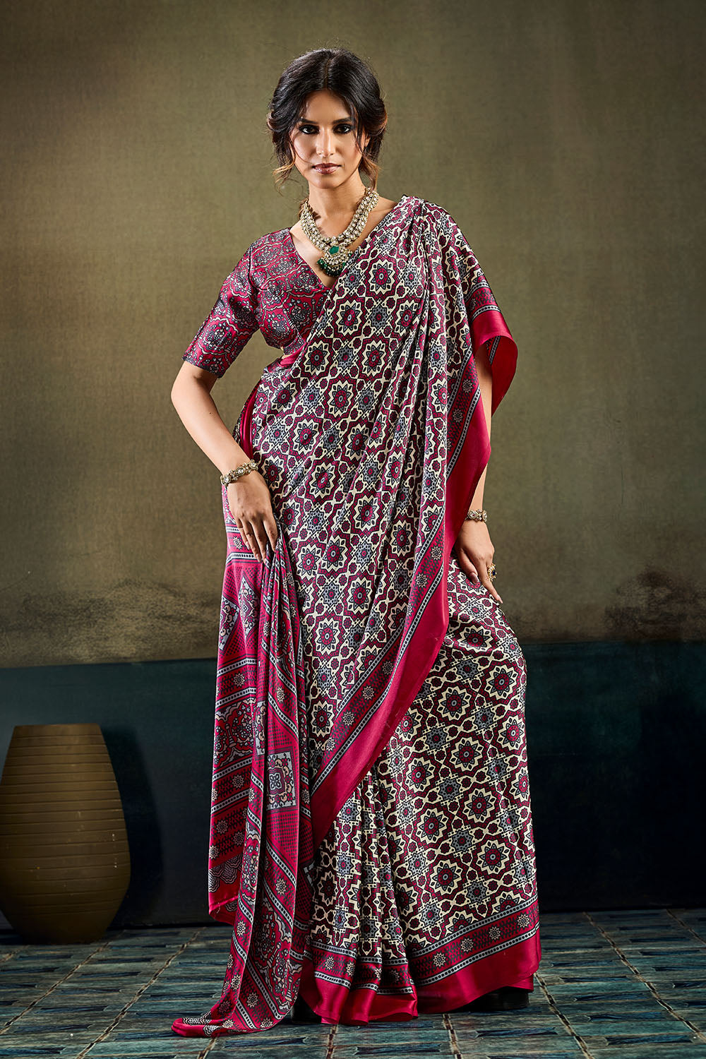 Bea Magenta & Black Modal Satin Ajrakh Print Ready to Wear Saree