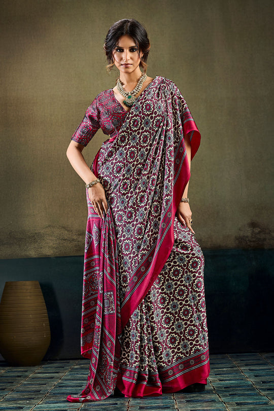 Bea Magenta &amp; Black Modal Satin Ajrakh Print Ready to Wear Saree