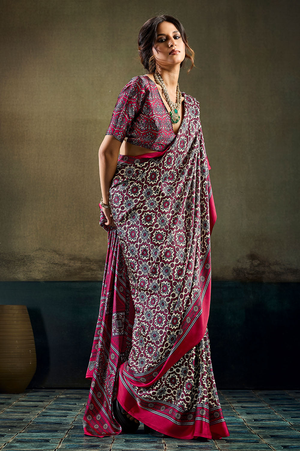 Bea Magenta &amp; Black Modal Satin Ajrakh Print Ready to Wear Saree