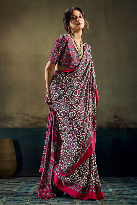 Bea Magenta &amp; Black Modal Satin Ajrakh Print Ready to Wear Saree