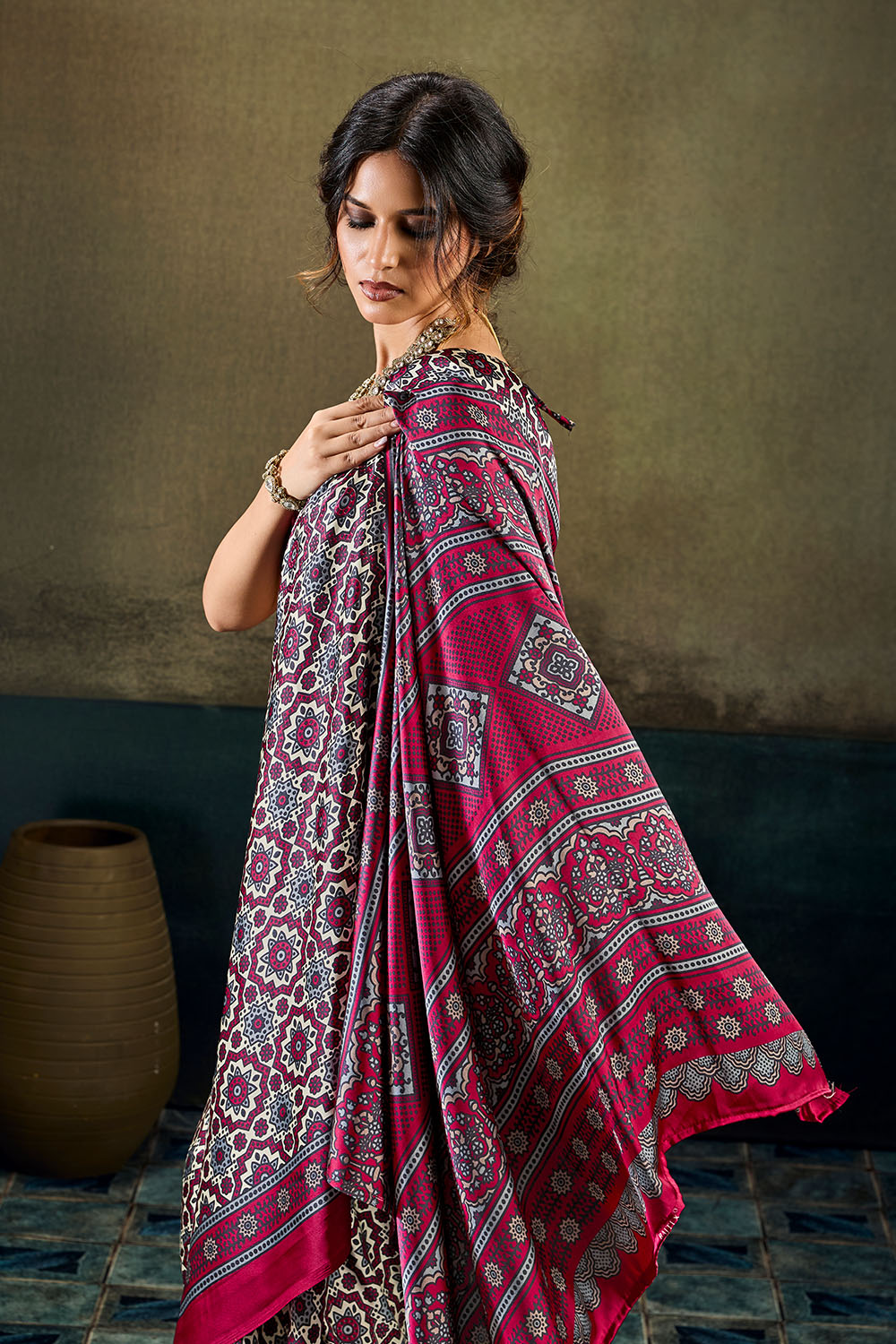 Bea Magenta &amp; Black Modal Satin Ajrakh Print Ready to Wear Saree