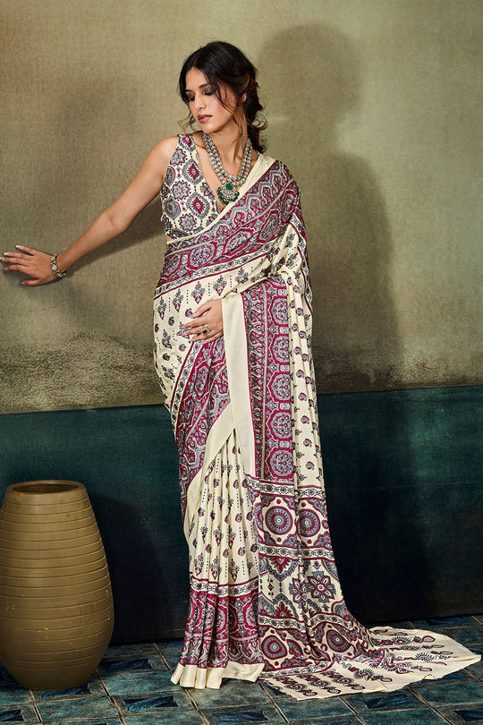 Bea Ivory White &amp; Magenta Modal Satin Ajrakh Print Ready to Wear Saree