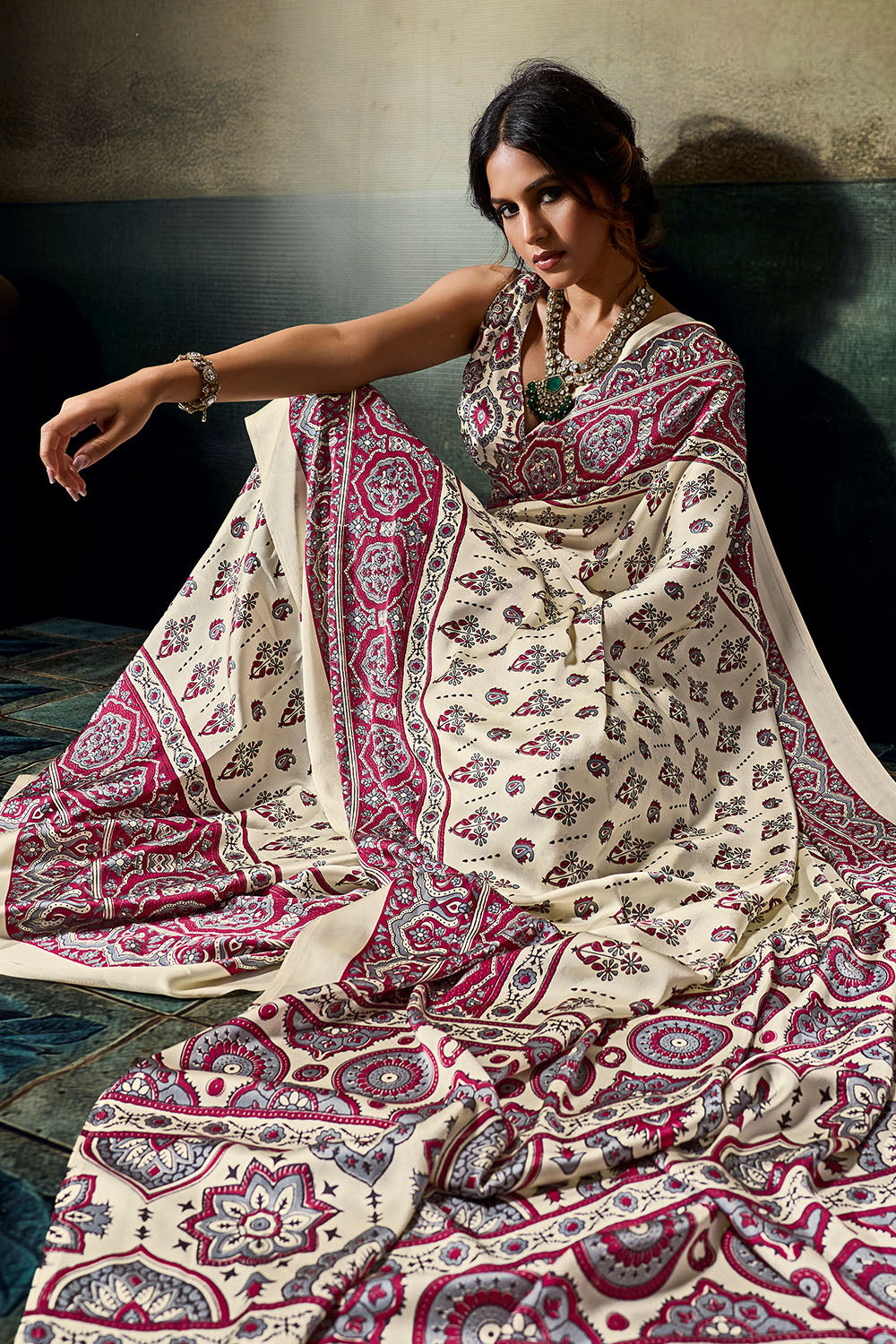 Bea Ivory White &amp; Magenta Modal Satin Ajrakh Print Ready to Wear Saree